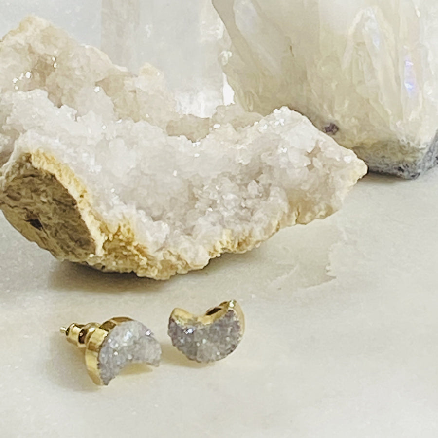 druzy moon stud earrings healing crystal jewelry