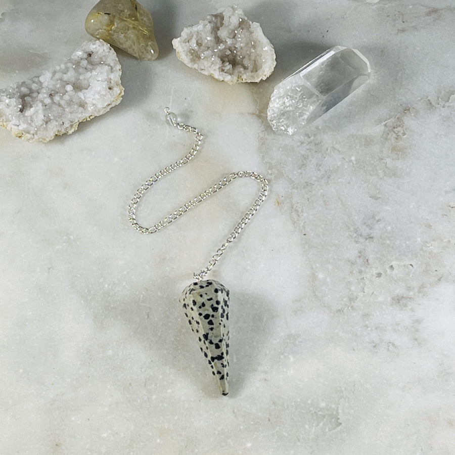 Dalmatian jasper pendulum on silver chain from Sarah Belle