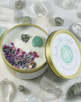 Sarah Belle hand poured crystal candle for prosperity with green aventurine and pyrite