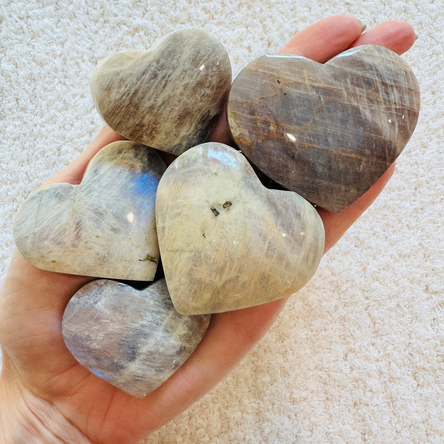 Sarah Belle - Belmorite Moonstone Heart Palm Stone