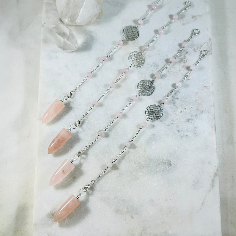 Sarah Belle Rose Quartz Flower of Life Pendulum Silver