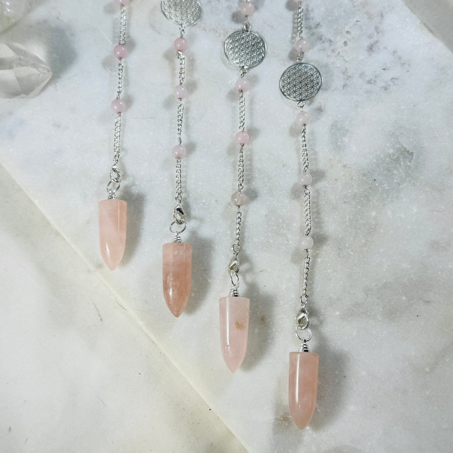Sarah Belle Rose Quartz Flower of Life Pendulum Silver