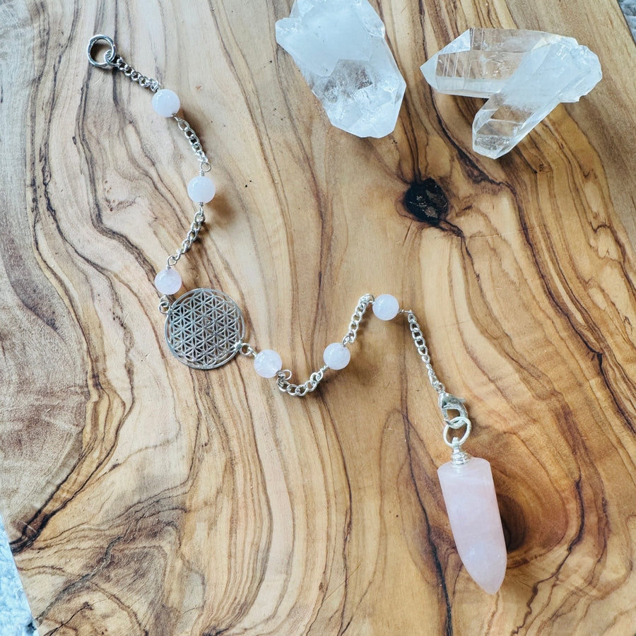 Sarah Belle Rose Quartz Flower of Life Pendulum Silver