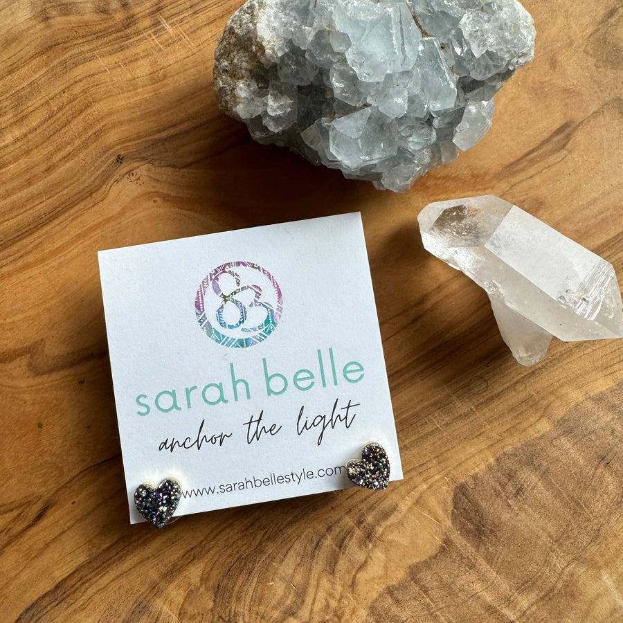 Rainbow Aura Druzy Heart Stud Earrings