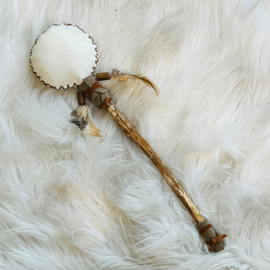 sarah belle shamanic rattle with citrine and feathers