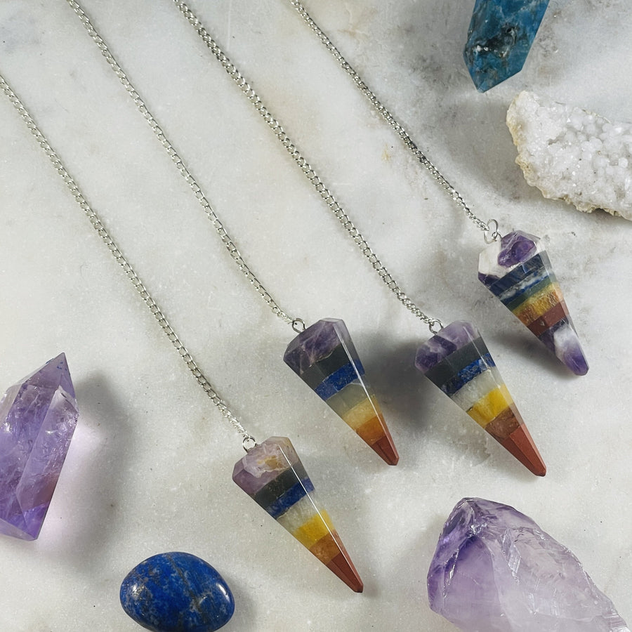 chakra crystal pendulums with silver chain from sarah belle