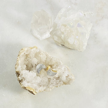 Druzy agate crescent moon stud earrings