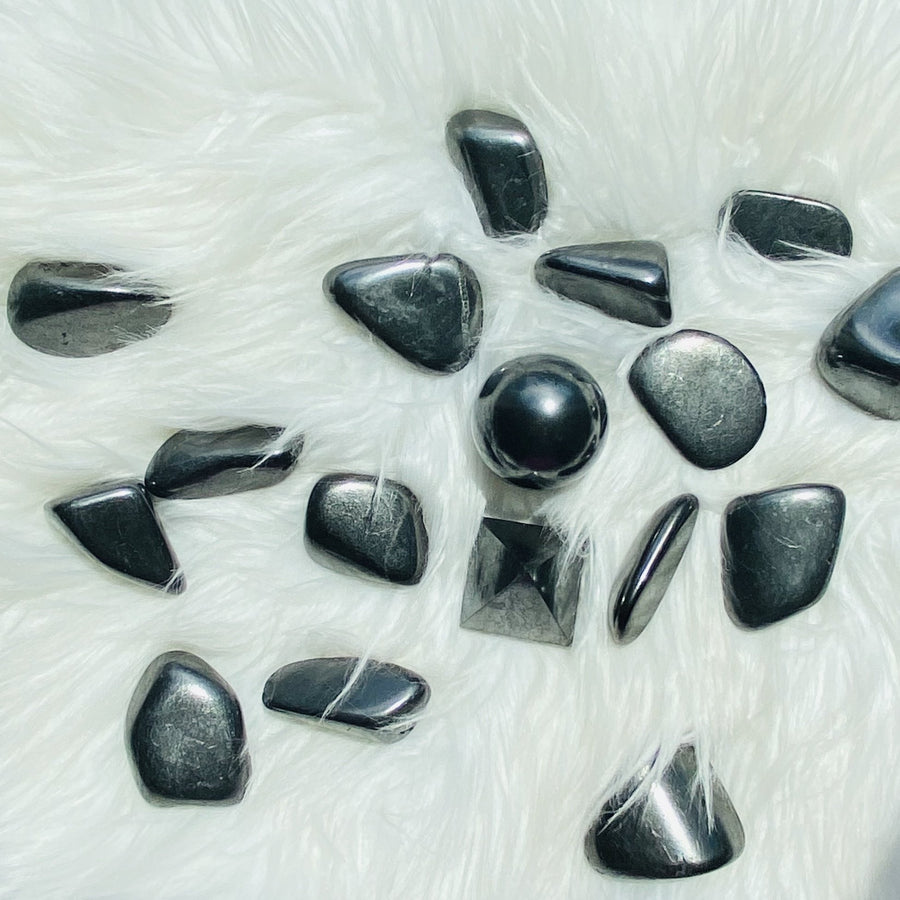 Shungite large tumbles with sphere and pyramid
