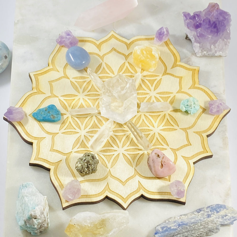 Flower of life wood grid for crystals