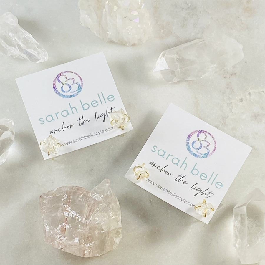 Angel aura quartz stud earrings from sarah belle for energy healing