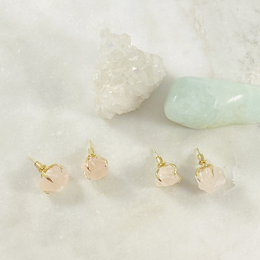 Chunky rose quartz statement stud earrings