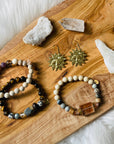 sarah bell sun earrings and handmade bracelets