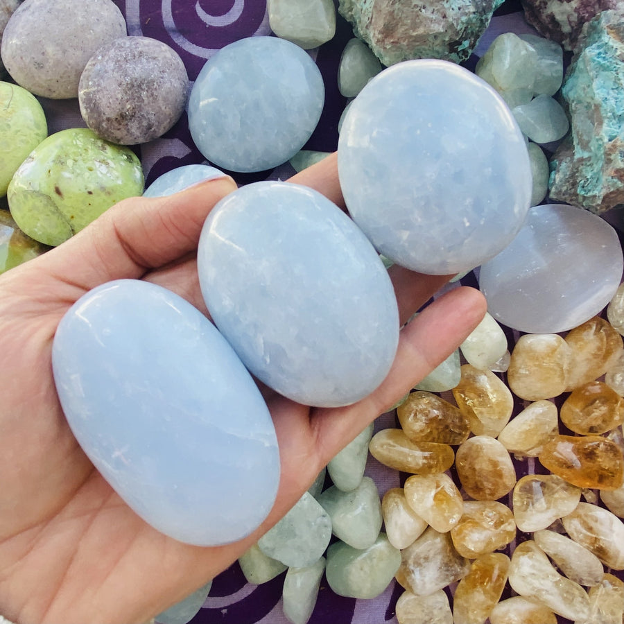 blue calcite palm stones for recovery and healing from sarah belle