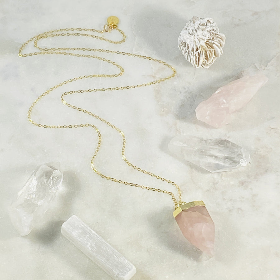 Handmade rose quartz necklace on gold plated chain and crystals by Sarah Belle