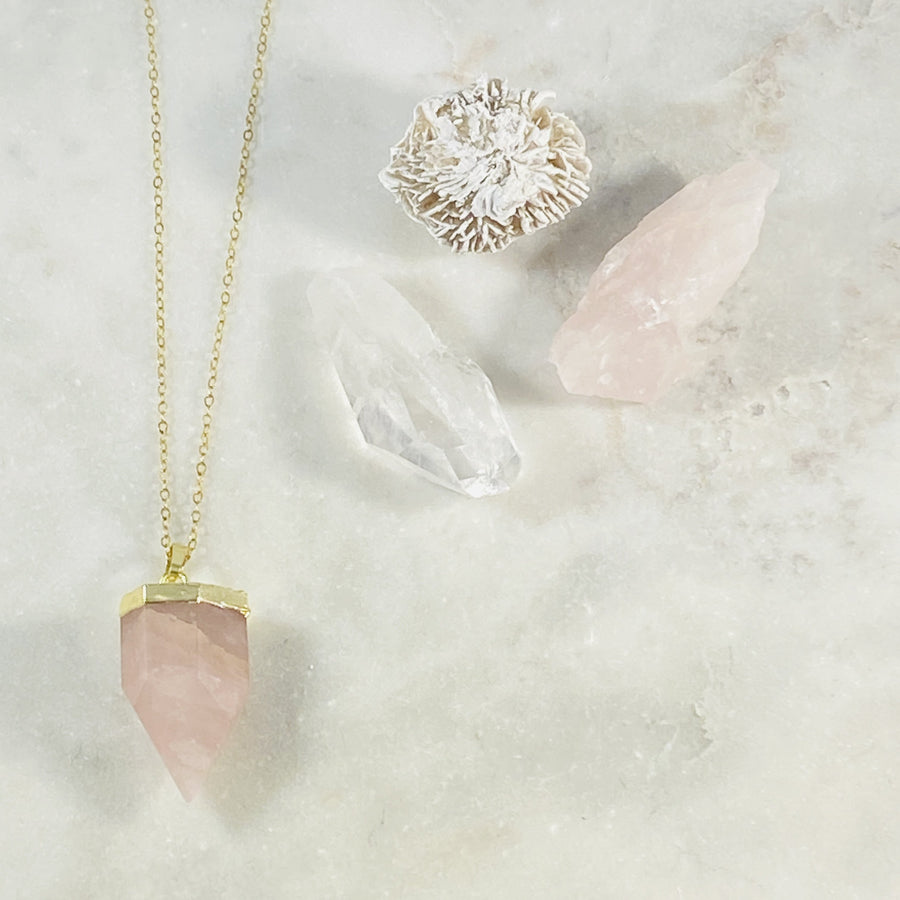 rose quartz long necklace by sarah belle