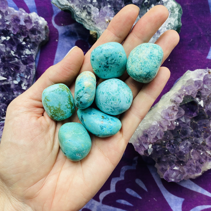 Chryscolla tumbled stone Sarah Belle for energy healing and throat chakra reenergizing.