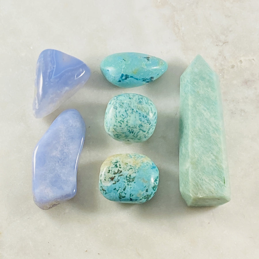 Chryscolla tumbled stone for clarity of thought and improved communication abilities.