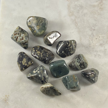 Sarah Belle Ocean Jasper tumbled stone for grounding and healing energy.