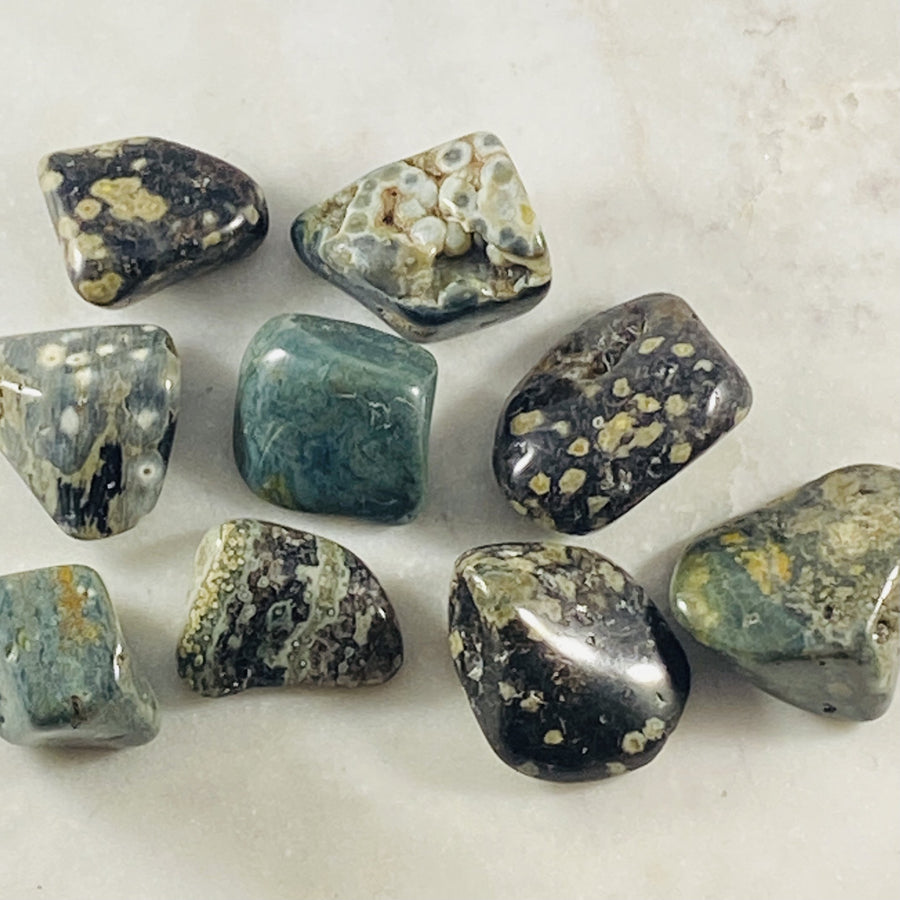 Ocean Jasper tumbled stone for grounding, balancing and reenergizing all the chakras.