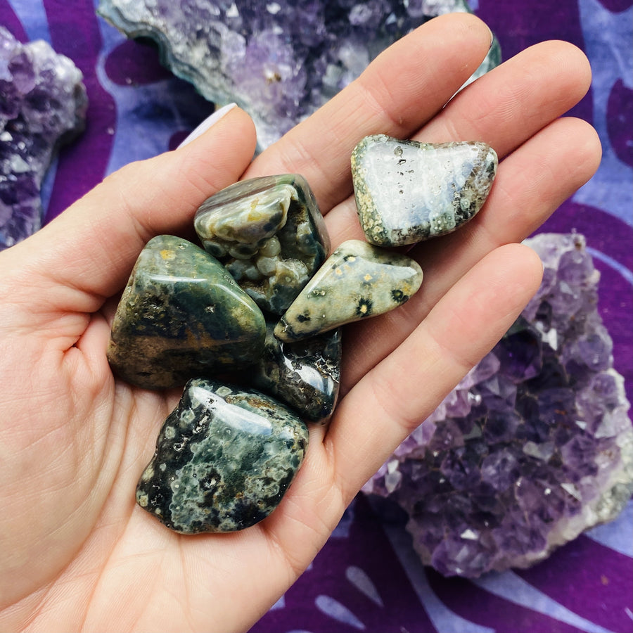 Ocean Jasper tumbled stone by Sarah Belle, for dispelling negative energies and inviting positive healing energy.