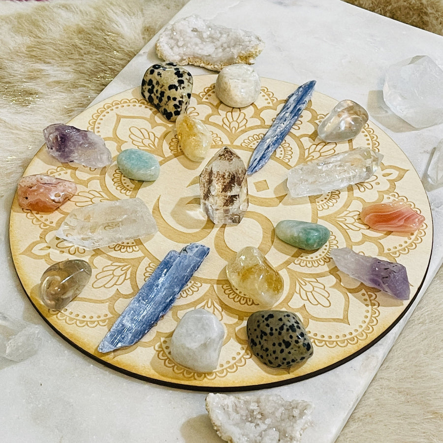 Sarah Belle crystal grid base with om mandala for oneness and manifesting