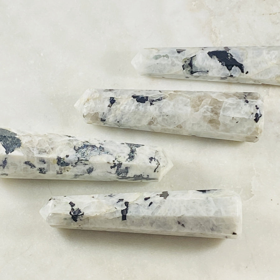 Rainbow moonstone points by Sarah Belle, for healing energy and peaceful sleep.