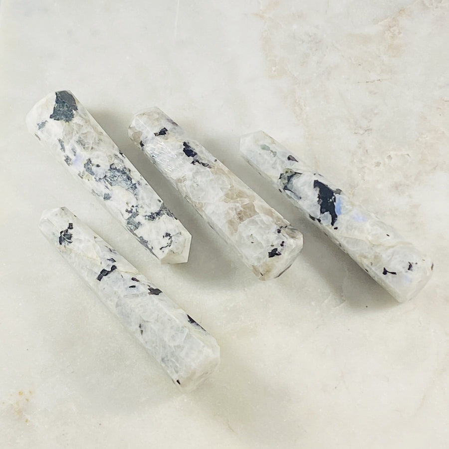 Rainbow moonstone points by Sarah Belle, with healing energy, resolving emotional wounds and irrational fears.