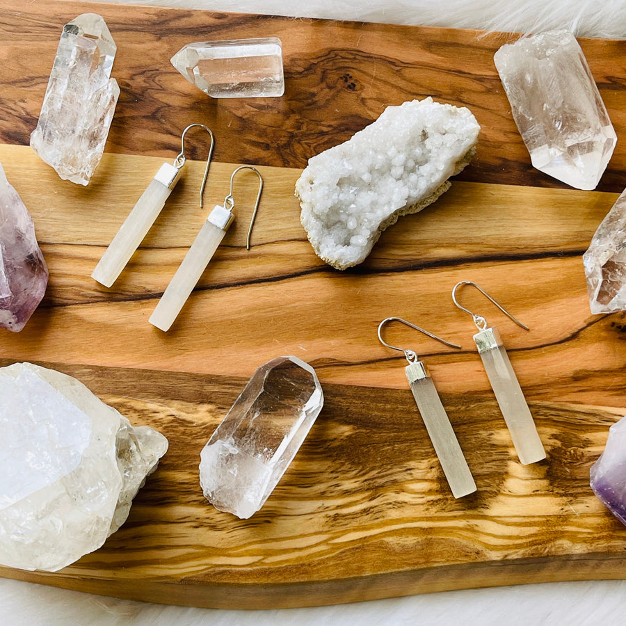 sarah belle selenite earrings silver for positive vibes