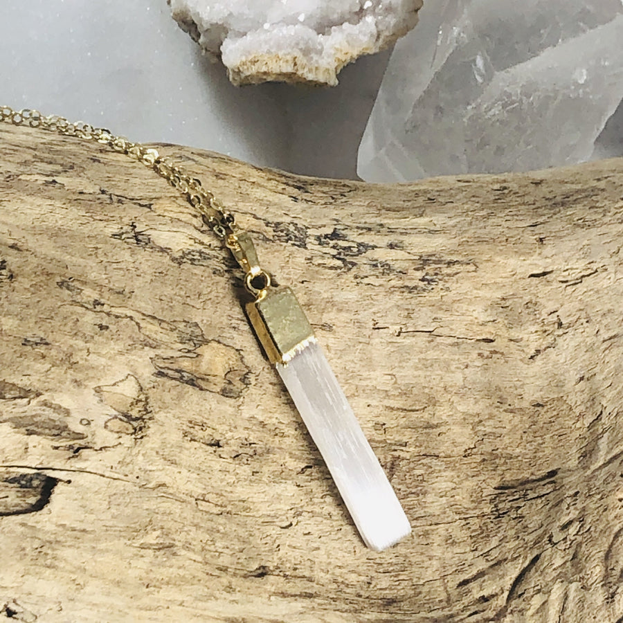 Handmade selenite necklace with healing vibes for modern minimalist style
