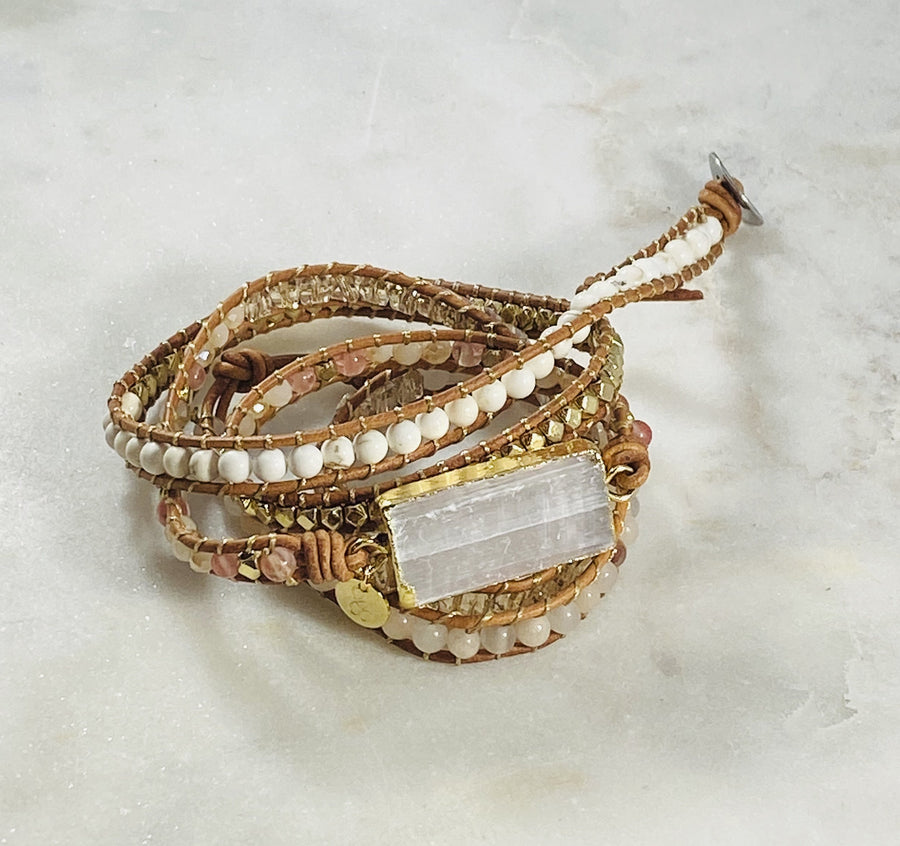 Selenite leather wrap bracelet for healing energy and protection