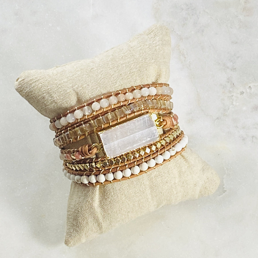 Crystal healing jewelry selenite leather wrap bracelet for energy protection