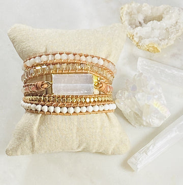 Selenite leather wrap bracelet for energy protection