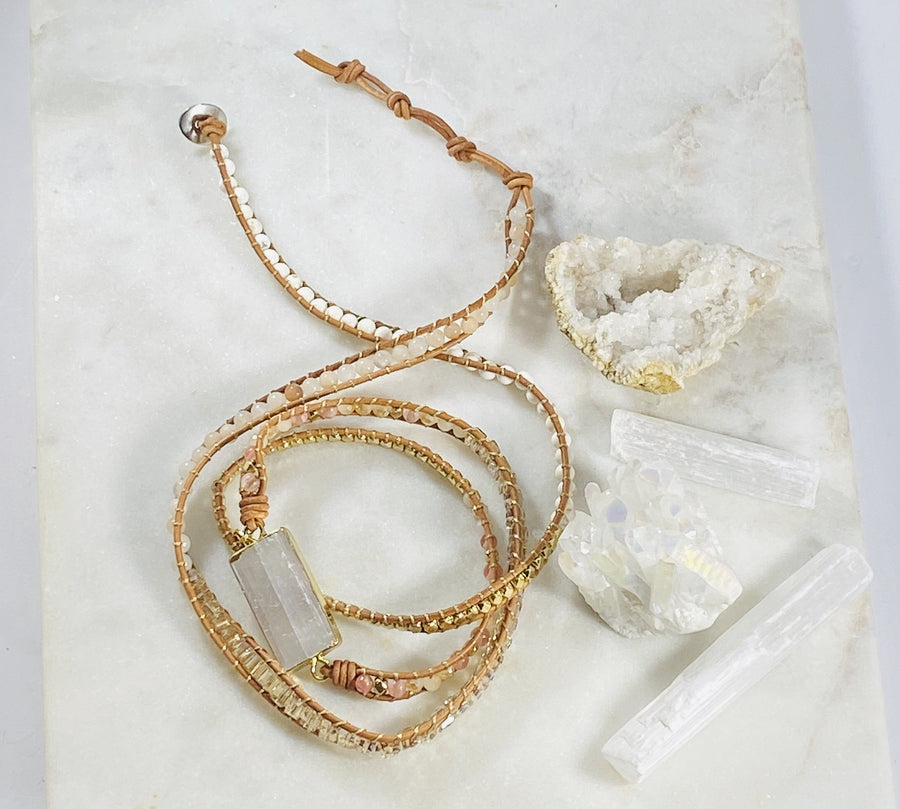 Selenite leather wrap bracelet for energy protection