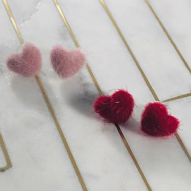 Fuzzy Heart Stud Earrings Rose for Love