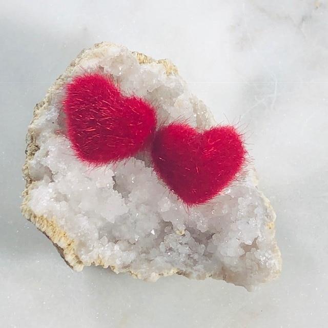 Fuzzy Heart Stud Earrings Red for Love or Valentine's Day