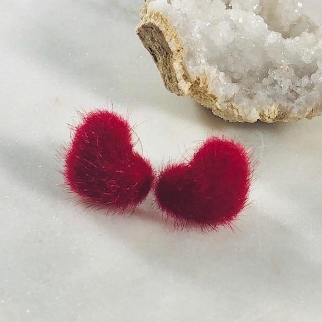Fuzzy Heart Stud Earrings Red for Love or Valentine's Day