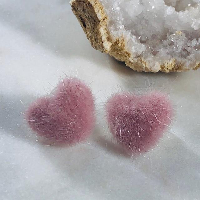 Fuzzy Heart Stud Earrings Rose for Love