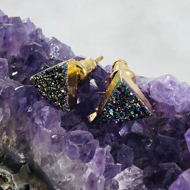 Rainbow Aura Druzy Triangle Studs Handmade for a Modern, Boho Look