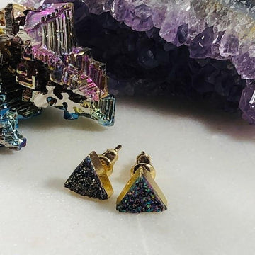Rainbow Aura Druzy Triangle Studs Handmade for a Modern, Boho Look