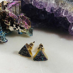 Rainbow Aura Druzy Triangle Studs Handmade for a Modern, Boho Look
