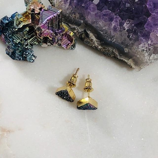 Rainbow Aura Druzy Triangle Studs Handmade for a Modern, Boho Look