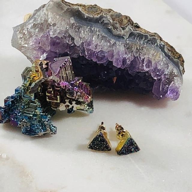 Rainbow Aura Druzy Triangle Studs Handmade for a Modern, Boho Look