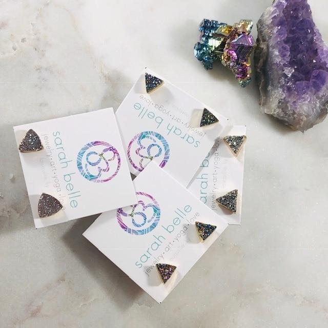 Rainbow Aura Druzy Triangle Studs Handmade for a Modern, Boho Look